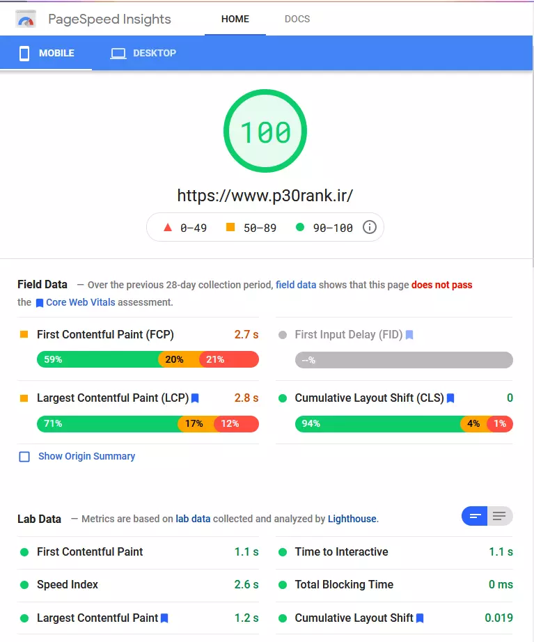 امتیاز سئو سایت پیسی رنک در گوگل